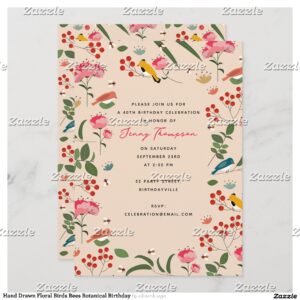 Hand Drawn Floral Birds Bees Botanical Birthday Invitation