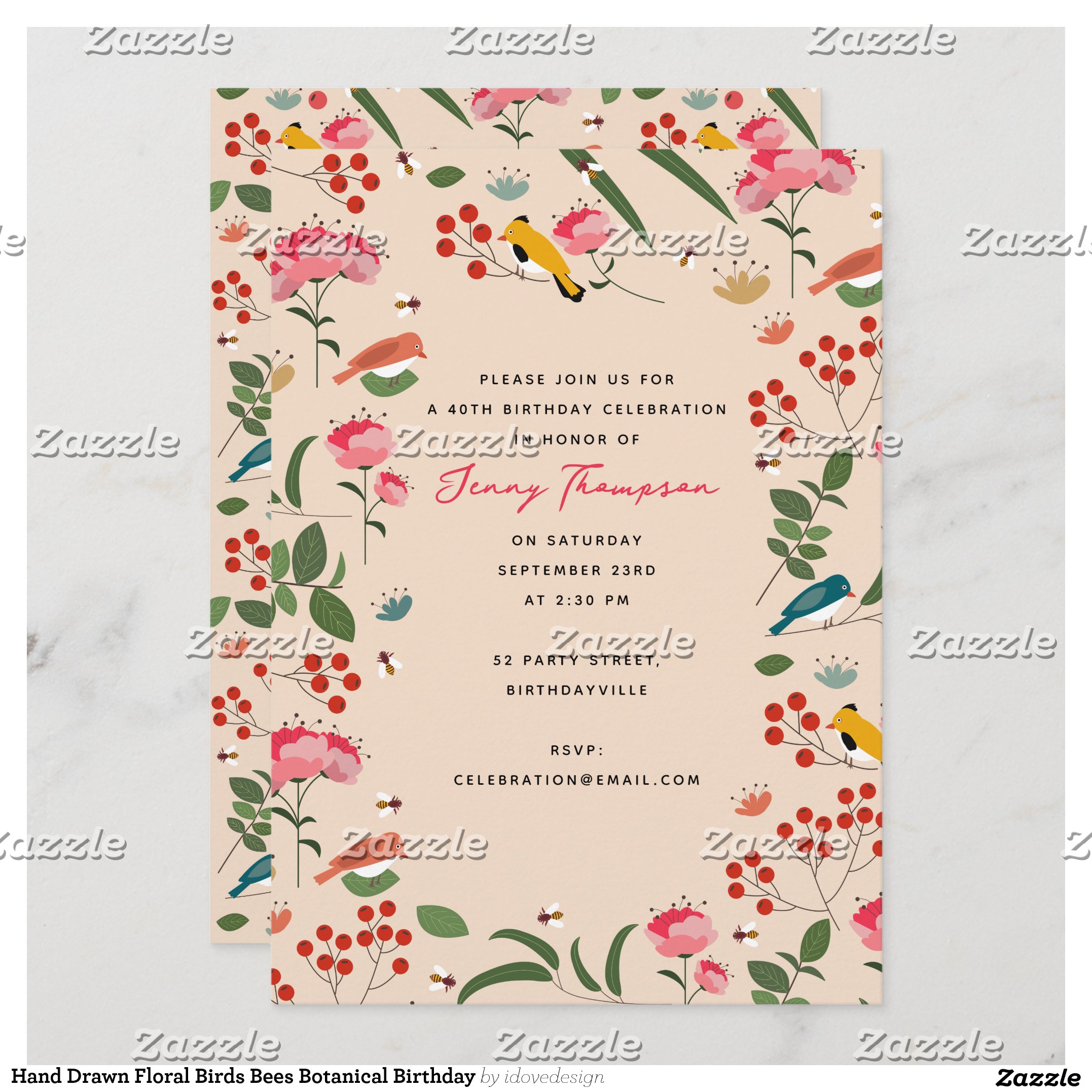 Hand Drawn Floral Birds Bees Botanical Birthday Invitation