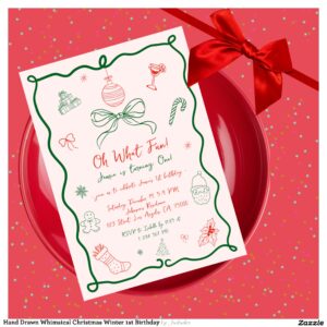 Hand Drawn Whimsical Christmas Winter 1st Birthday Invitation