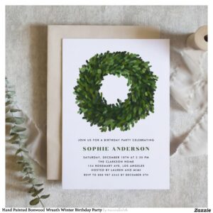 Hand Painted Boxwood Wreath Winter Birthday Party Invitation