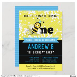Happy Bee 1st Birthday Invitation with picture