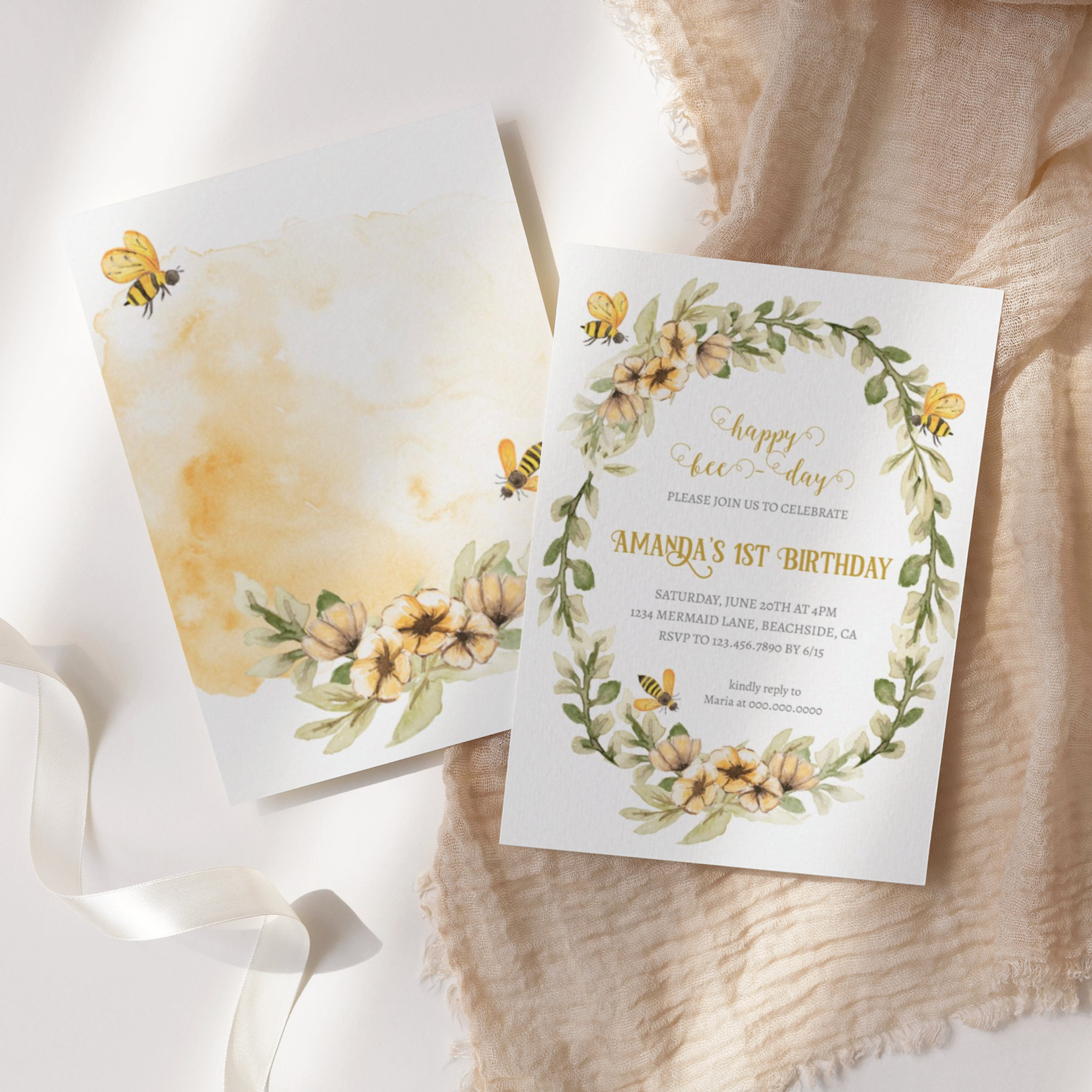 Happy Bee-day Watercolor Birthday Invitation