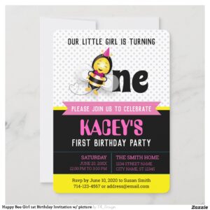 Happy Bee Girl 1st Birthday Invitation w/ picture