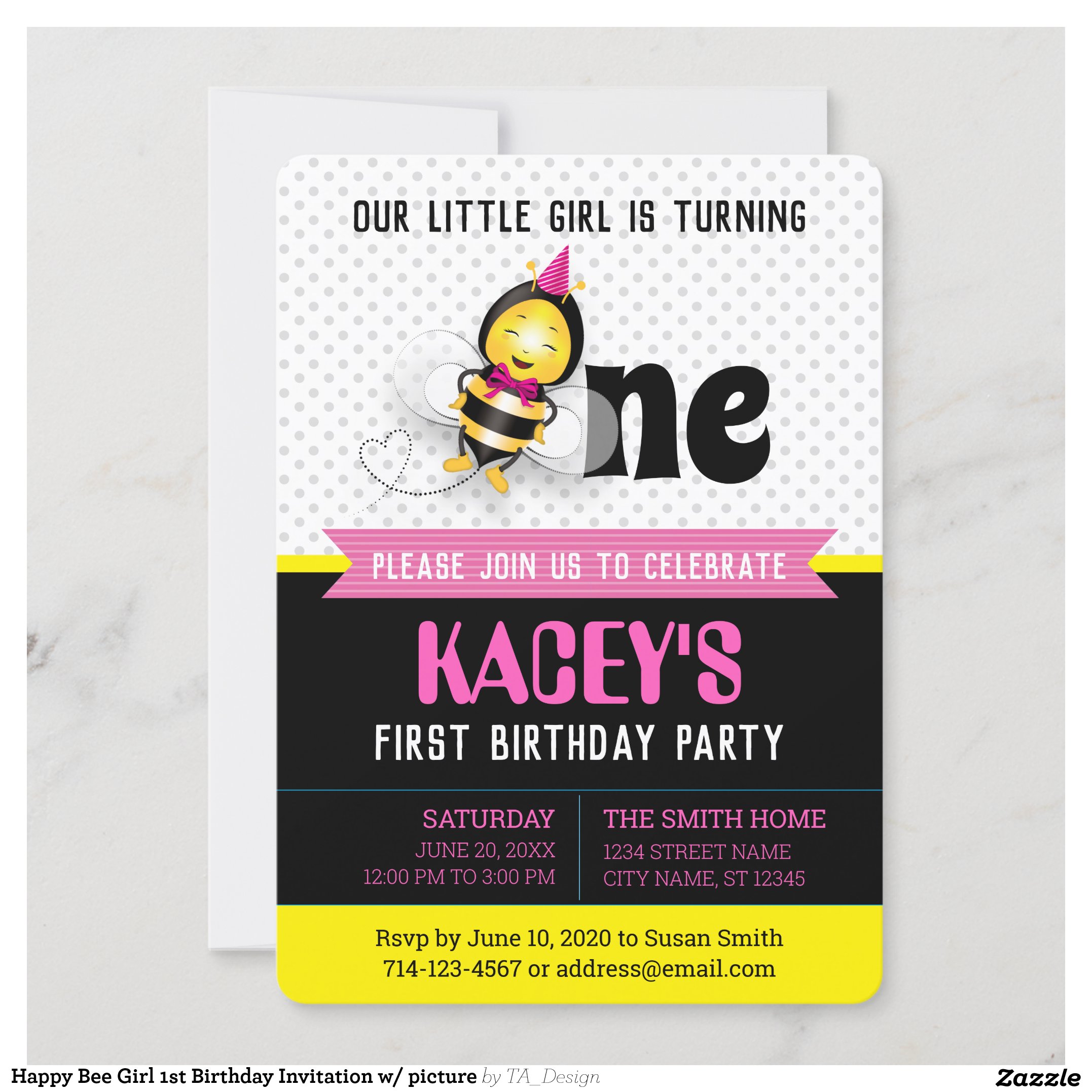 Happy Bee Girl 1st Birthday Invitation w/ picture