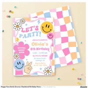 Happy Face Smile Groovy Checkered Birthday Party Invitation