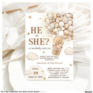 He or She Teddy Bear Cute Boho Gender Reveal Invitation