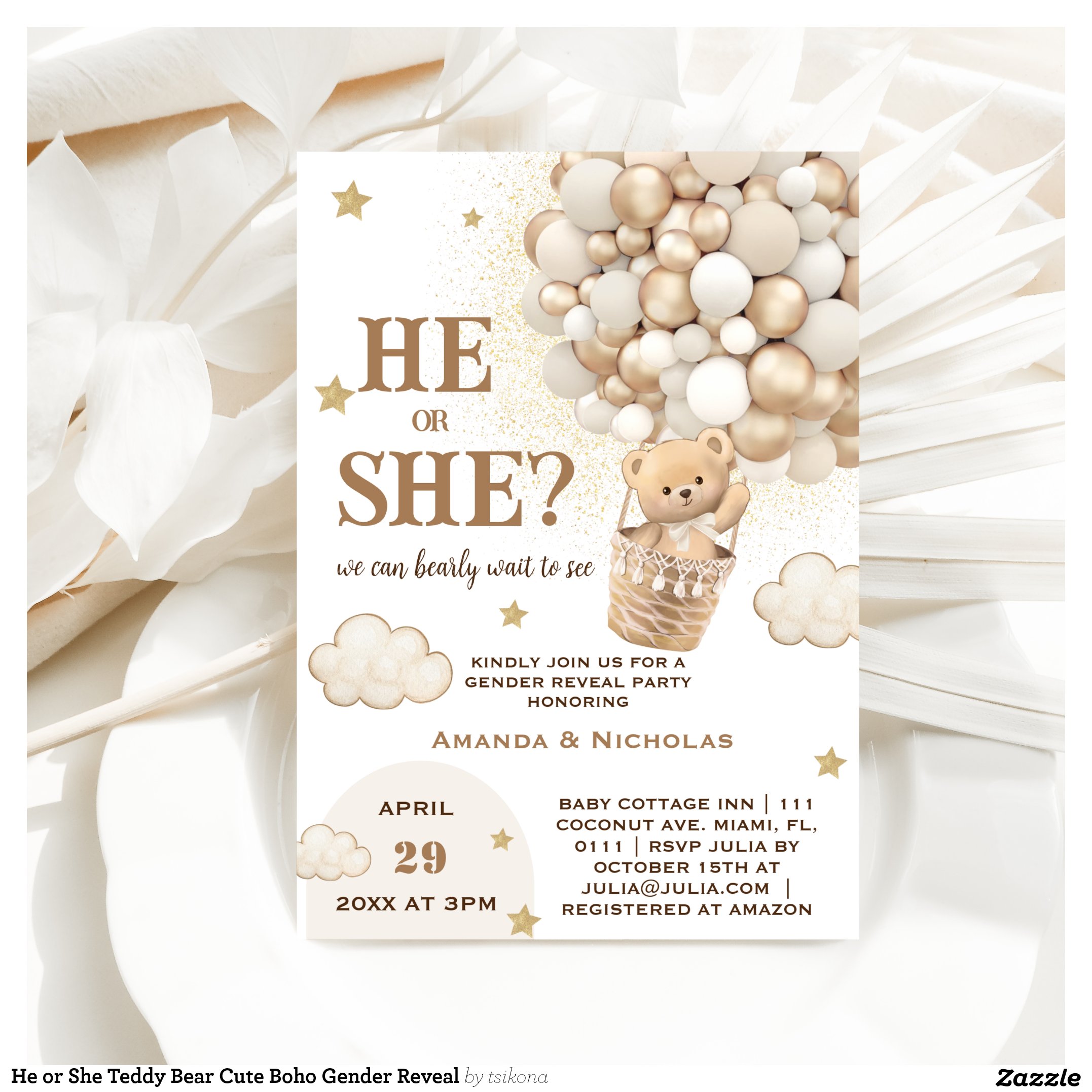He or She Teddy Bear Cute Boho Gender Reveal Invitation