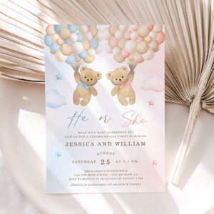 He or She Teddy Bear Gender Reveal Invitation