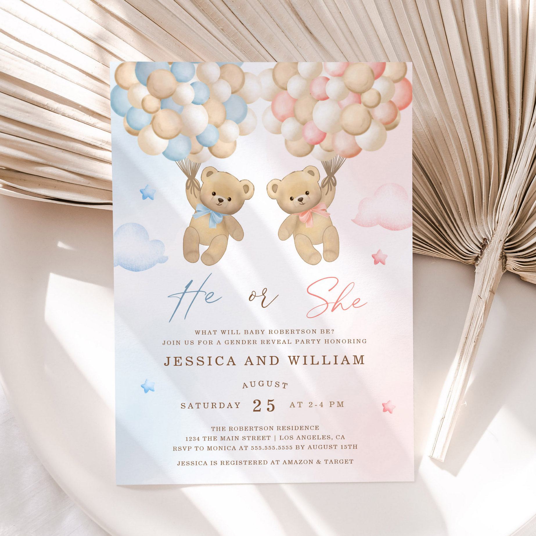 He or She Teddy Bear Gender Reveal Invitation