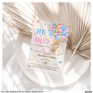 He or She Teddy Bear Hot Air Balloon Gender Reveal Invitation