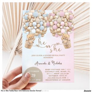 He or She Teddy Bear with Balloons Gender Reveal Invitation