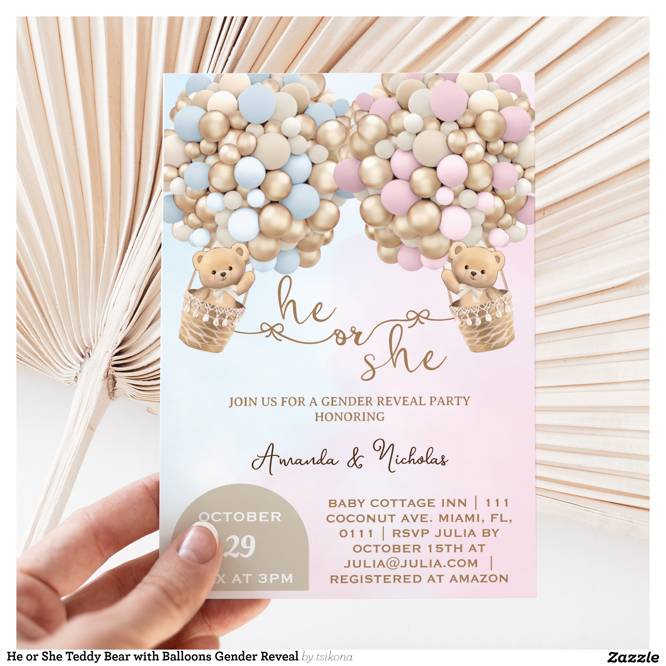 He or She Teddy Bear with Balloons Gender Reveal Invitation