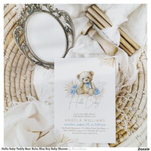 Hello Baby Teddy Bear Boho Blue Boy Baby Shower Invitation