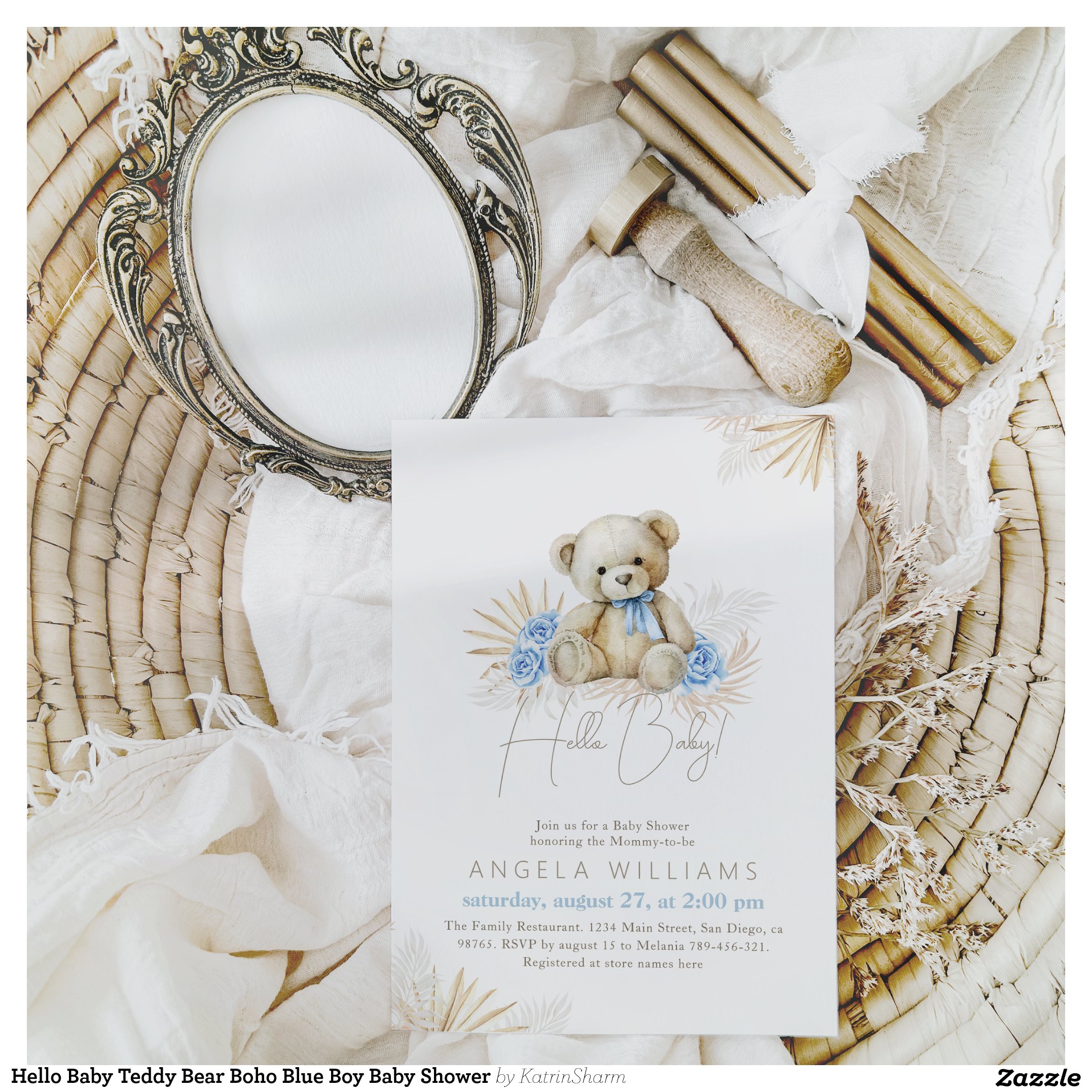 Hello Baby Teddy Bear Boho Blue Boy Baby Shower Invitation