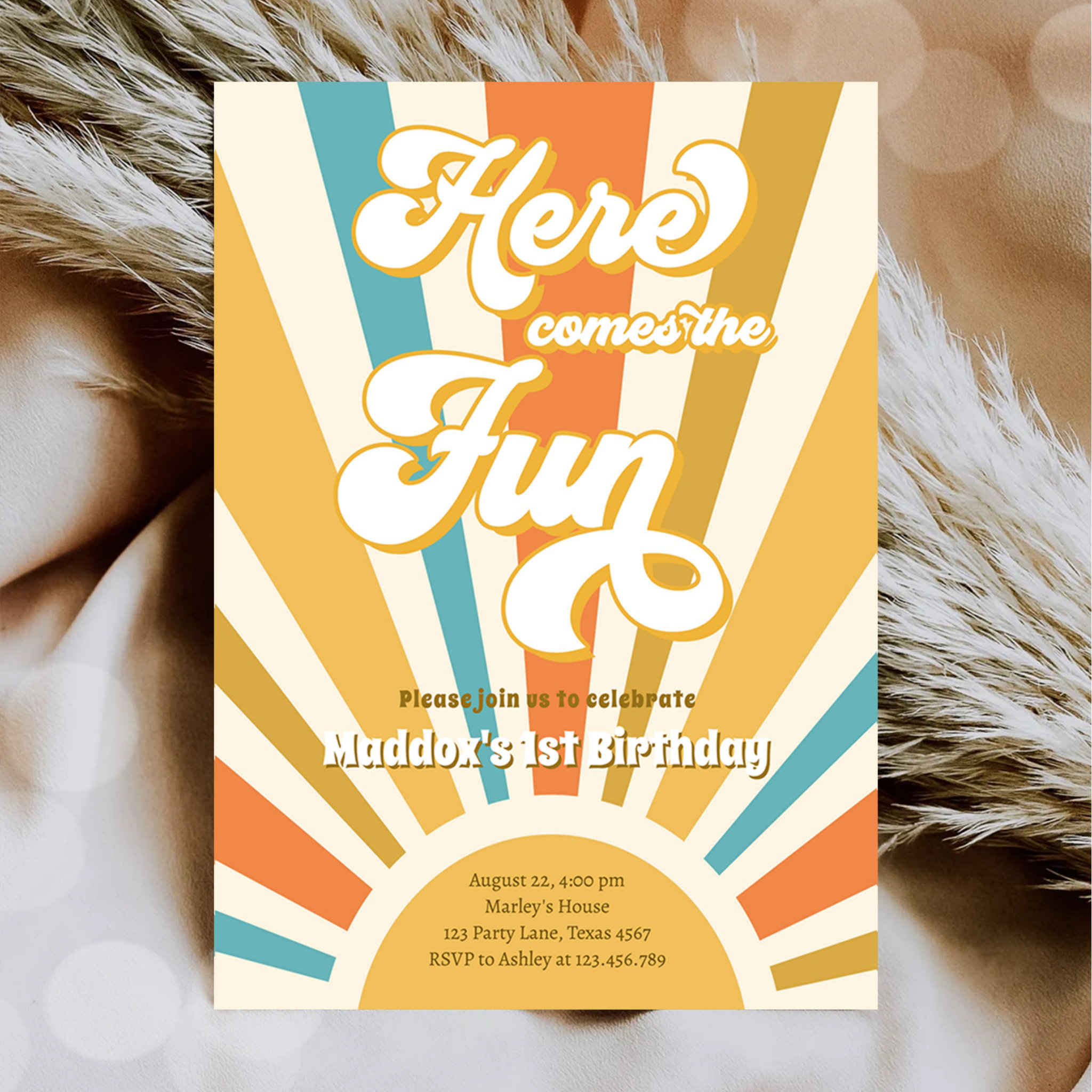 Here Comes The Fun Retro Boho Hippie Boy Birthday Invitation