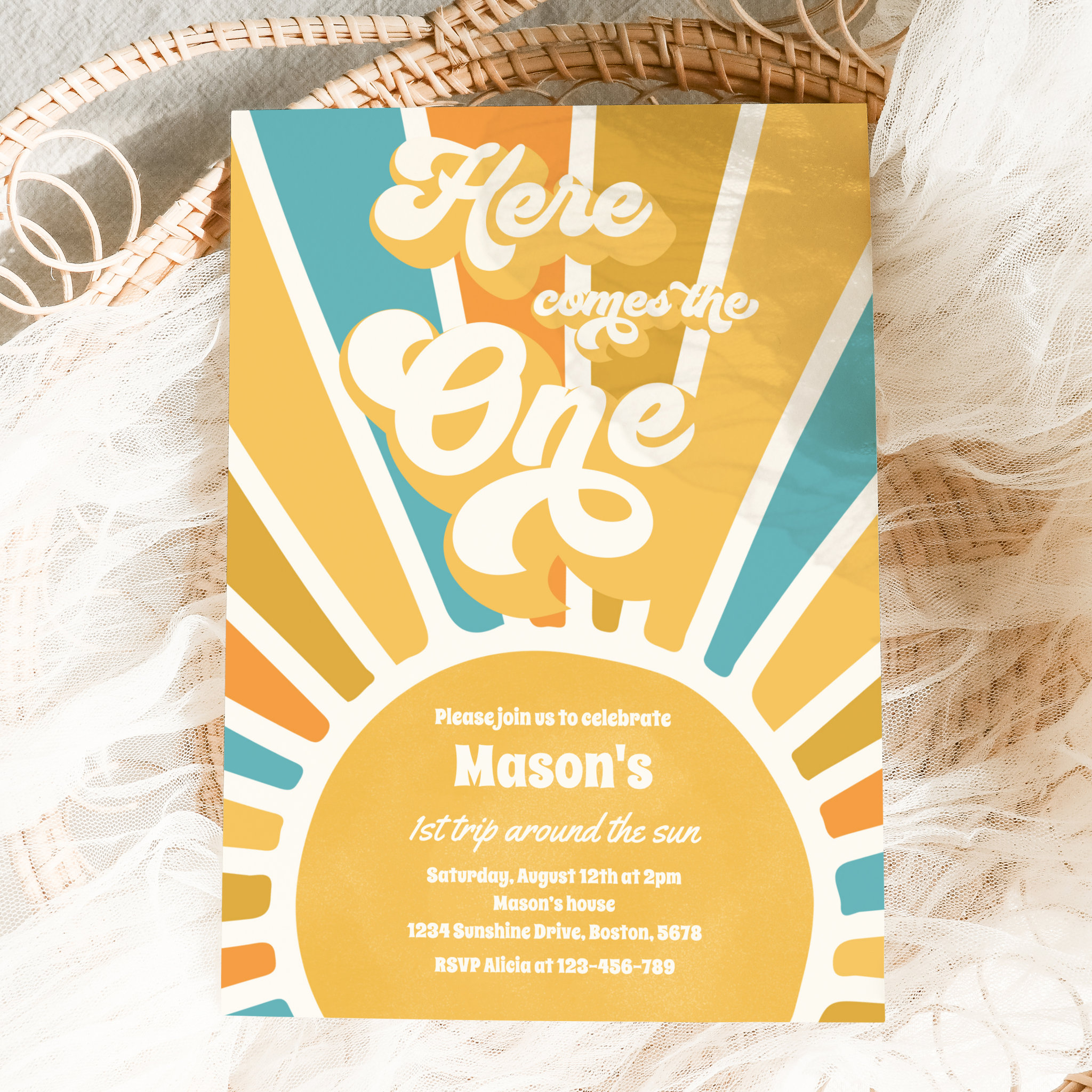 Here Comes The One Boho Sunshine 1st Birthday Invitation