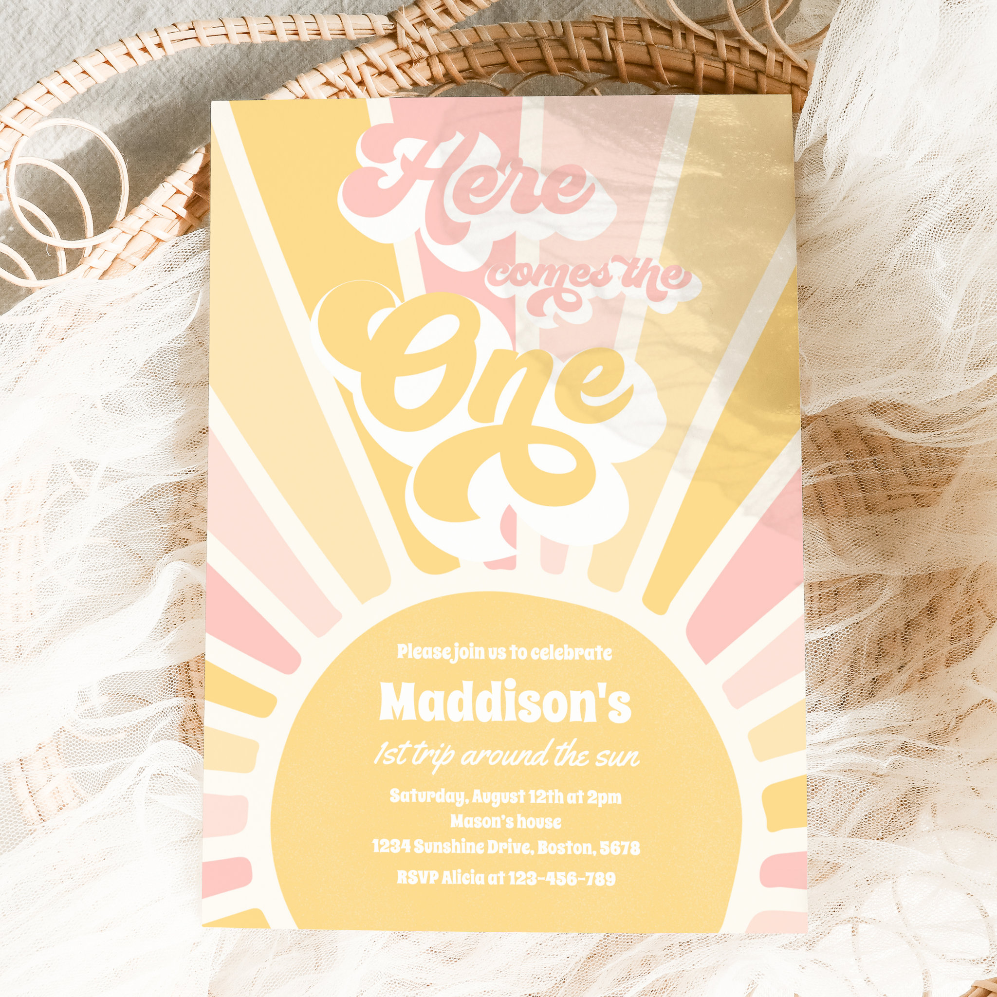 Here Comes The One Boho Sunshine 1st Birthday Invitation