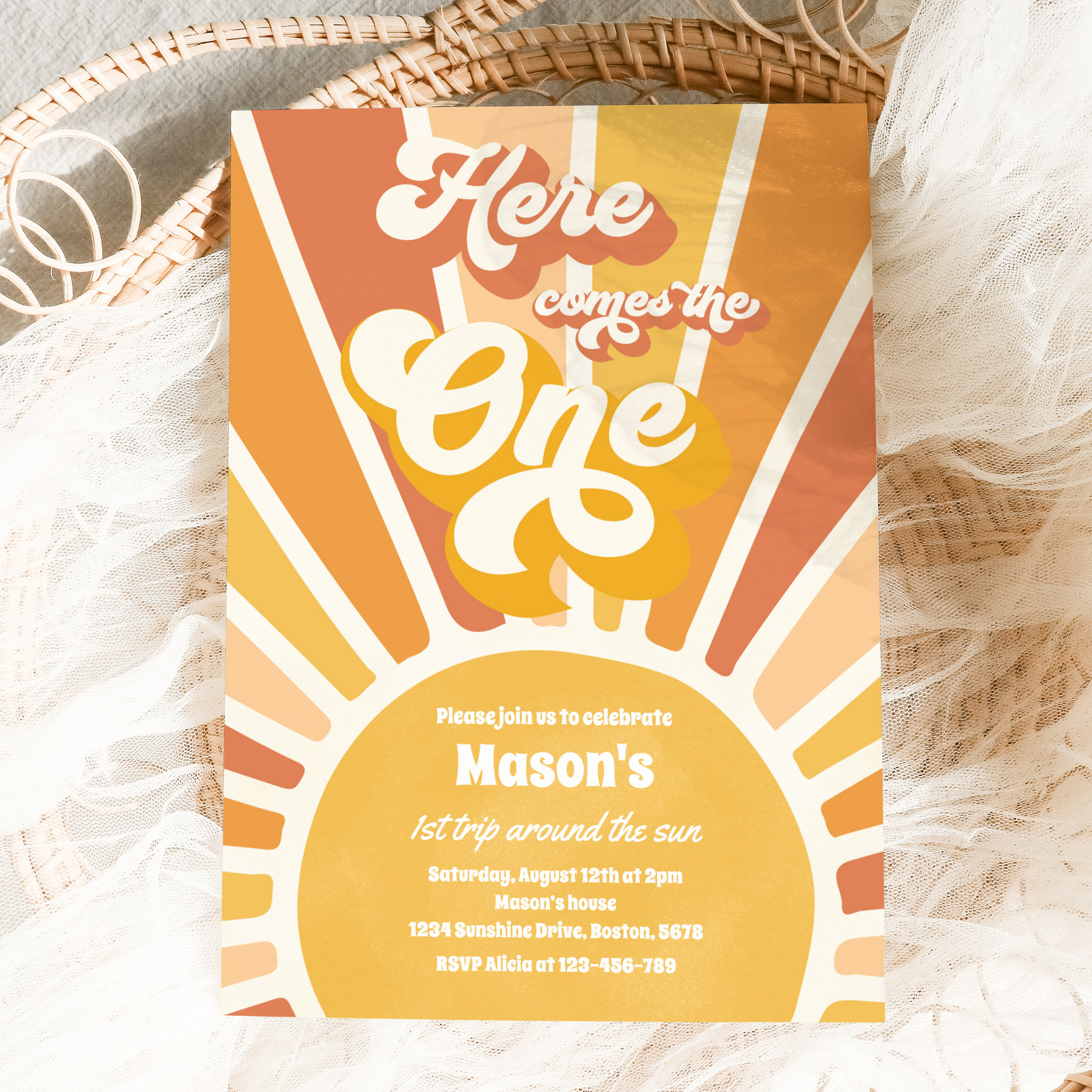 Here Comes The One Boho Sunshine 1st Birthday Invitation