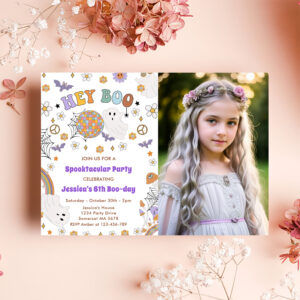 Hey Boo Groovy Halloween 6th Birthday Photo Invitation