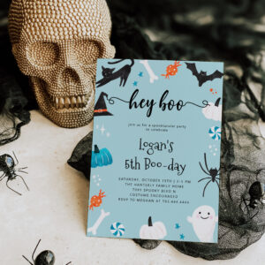 Hey Boo Halloween Birthday Blue Invitation