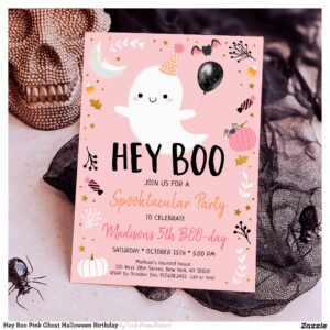 Hey Boo Pink Ghost Halloween Birthday Invitation