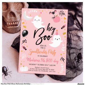 Hey Boo Pink Ghost Halloween Birthday Invitation