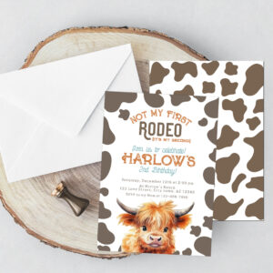 Highland Cow Not My First Rodeo Cow Print Birthday Invitation