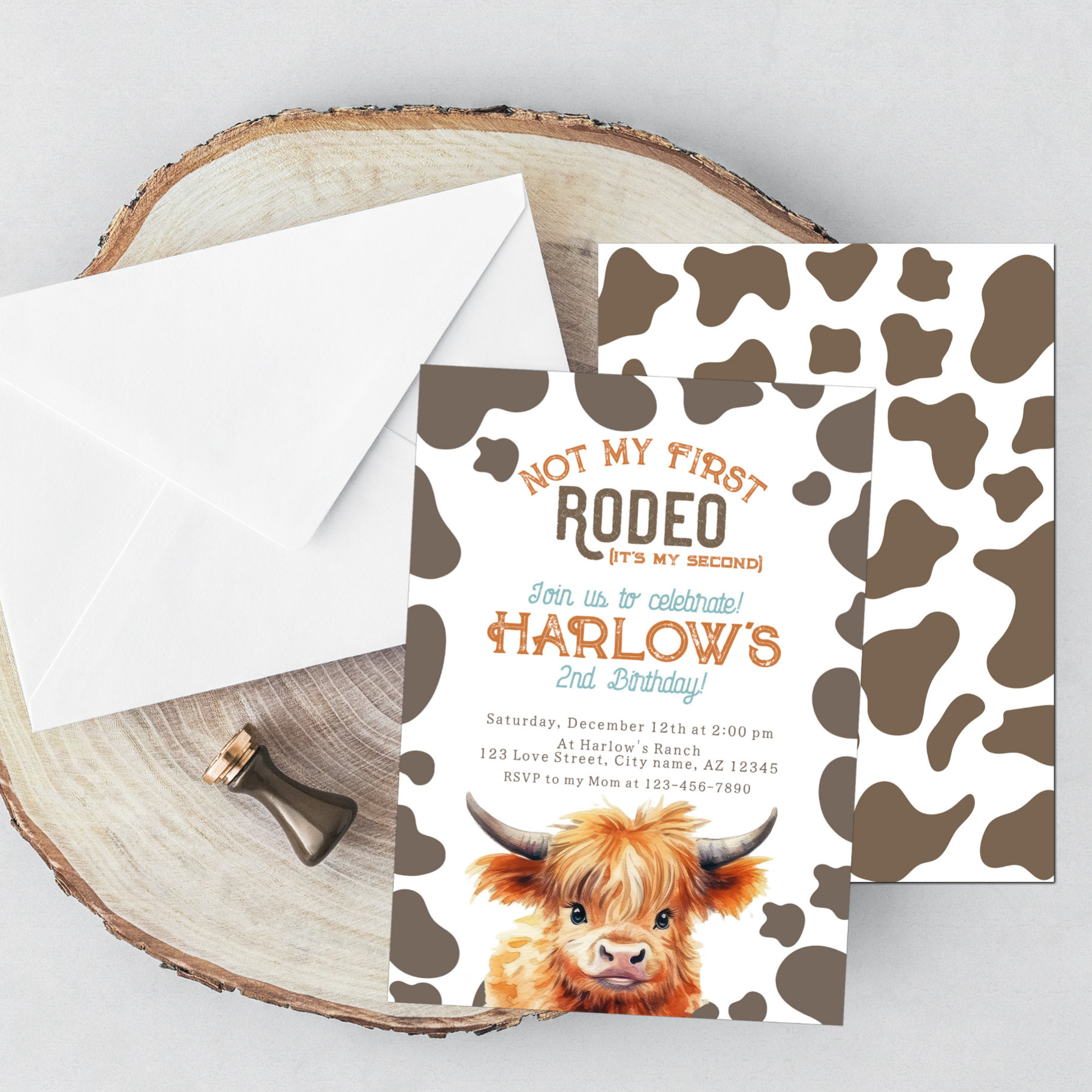 Highland Cow Not My First Rodeo Cow Print Birthday Invitation