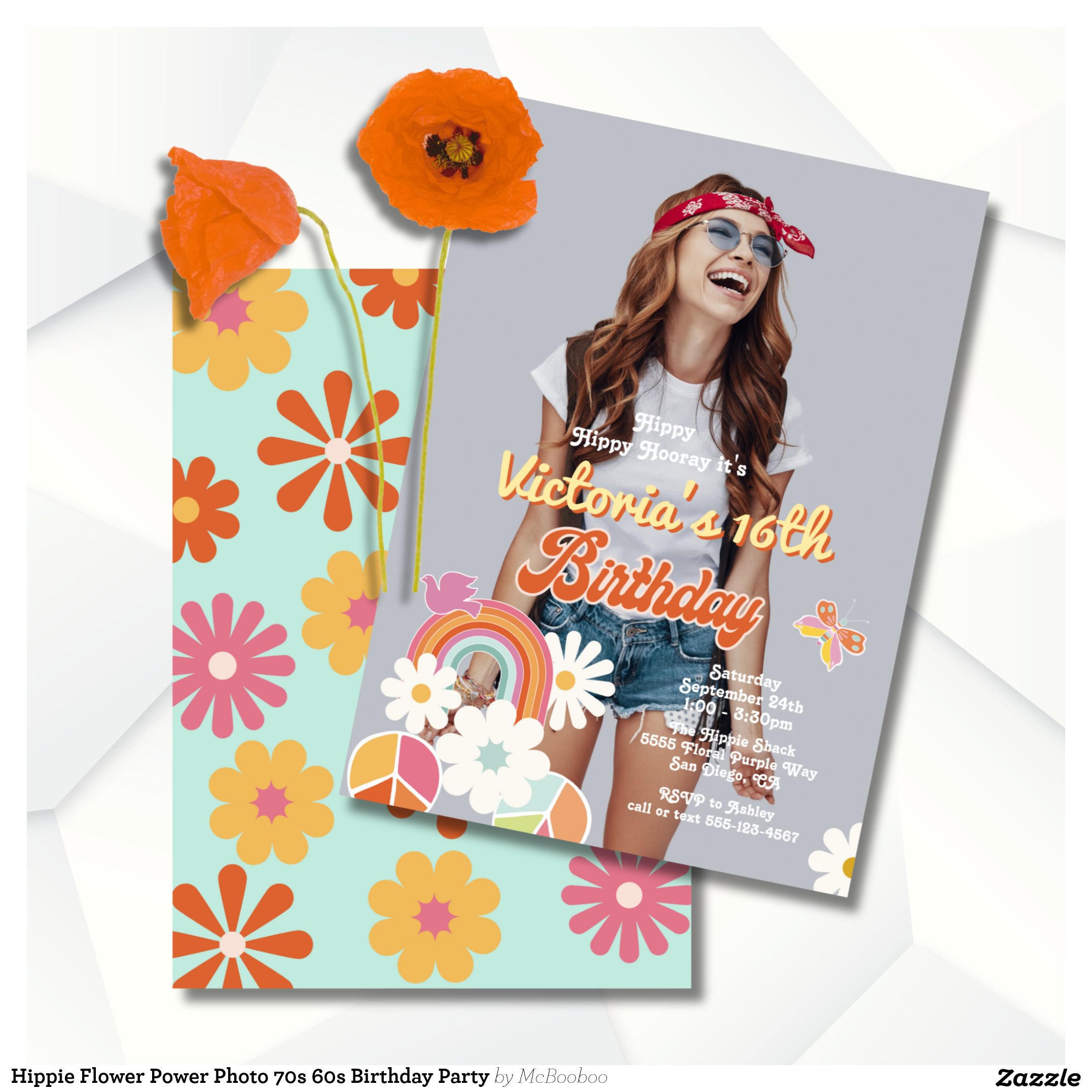 Hippie Flower Power Photo 70s 60s Birthday Party Invitation