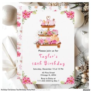Holiday Christmas Tea Birthday Party Pink Invitation