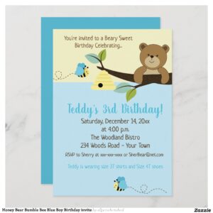 Honey Bear Bumble Bee Blue Boy Birthday invite