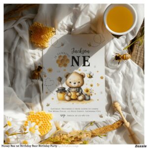 Honey Bee 1st Birthday Bear Birthday Party Invitation