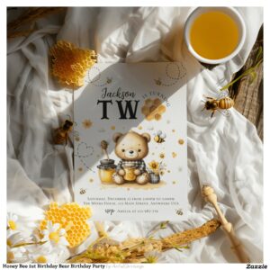 Honey Bee 2st Birthday Bear Birthday Party Invitation