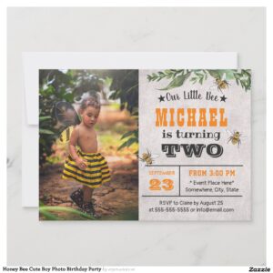 Honey Bee Cute Boy Photo Birthday Party Invitation