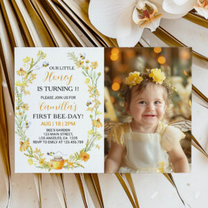 Honey Bee Floral 1st Birthday Invitation
