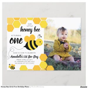 Honey Bee Girls First Birthday Photo Invitation