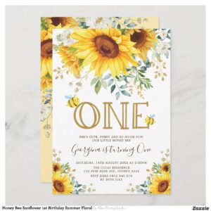 Honey Bee Sunflower 1st Birthday Summer Floral Invitation