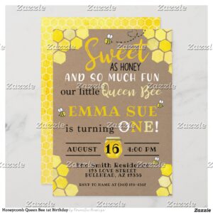 Honeycomb Queen Bee 1st Birthday Invitation