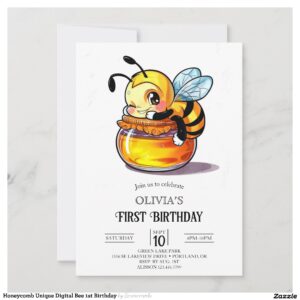 Honeycomb Unique Digital Bee 1st Birthday Invitation