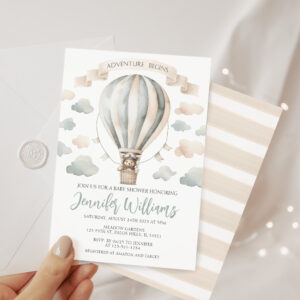 Hot air balloon teddy bear baby boy shower invitation
