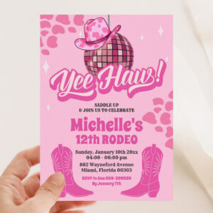 Hot Pink Disco Cowgirl yeehaw Birthday Party Invitation