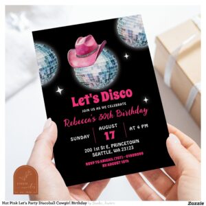 Hot Pink Let's Party Discoball Cowgirl Birthday Invitation