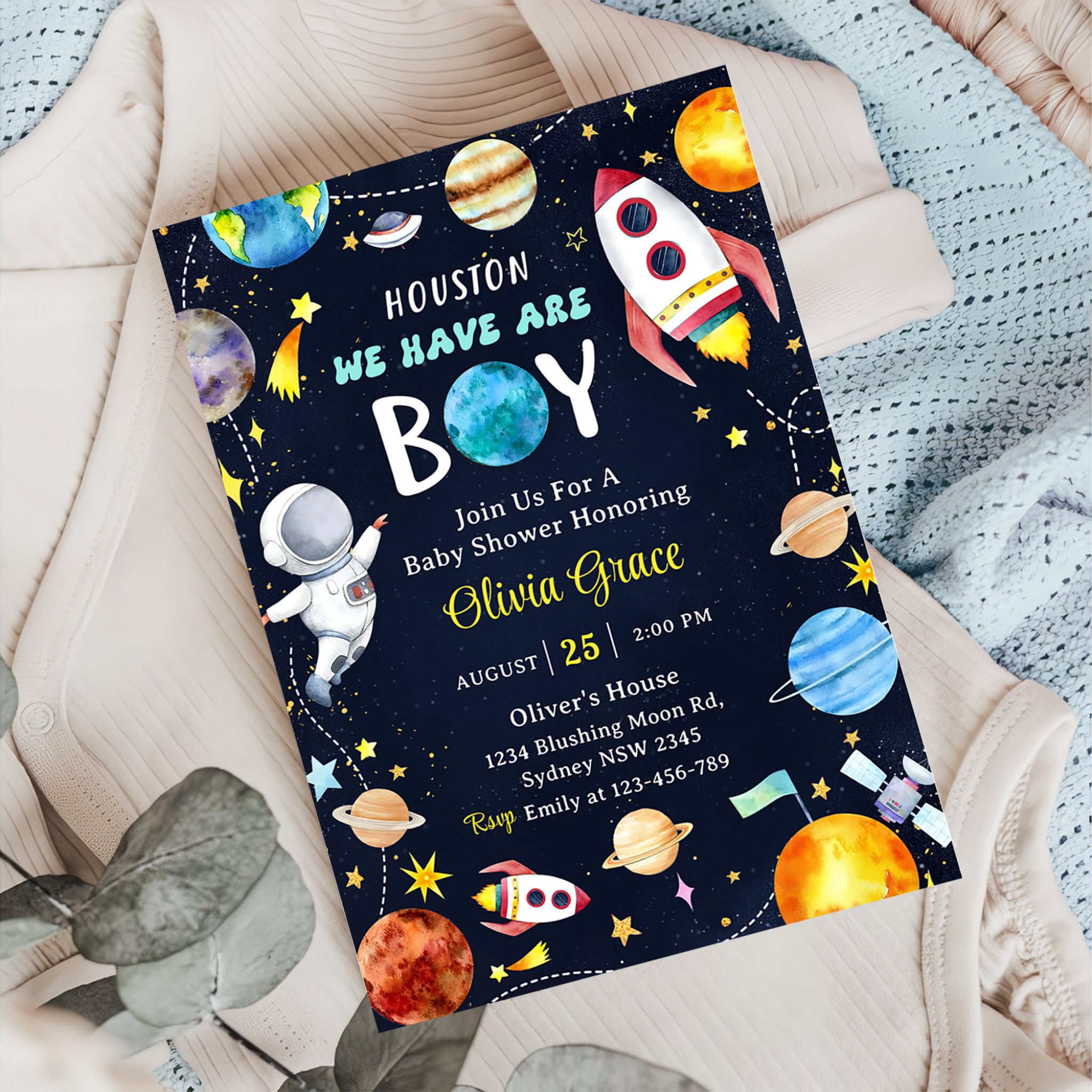 Houston We Have A Boy Outer Space Baby Shower Invitation