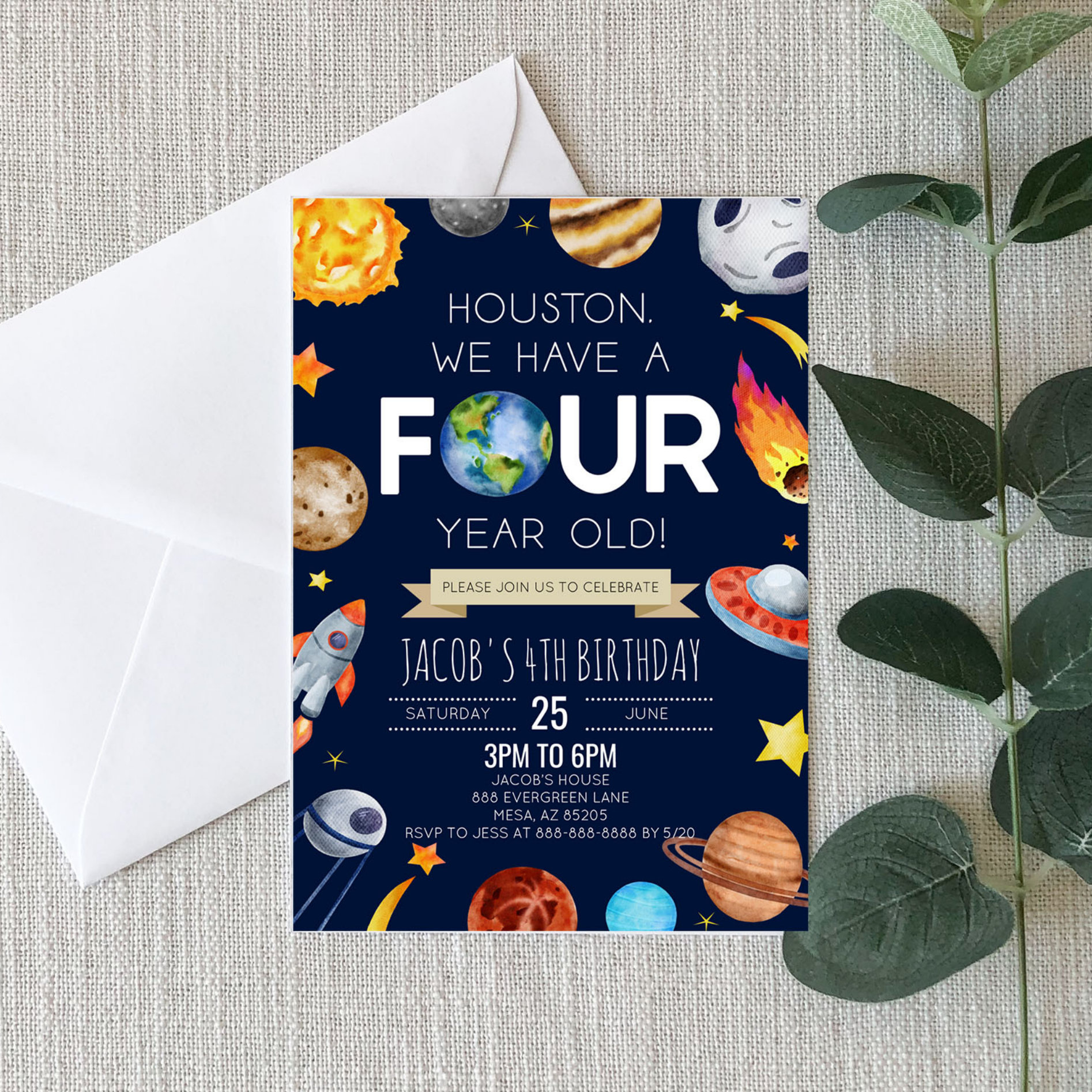 Houston We Have A Four Year Old 4th Birthday Party Invitation