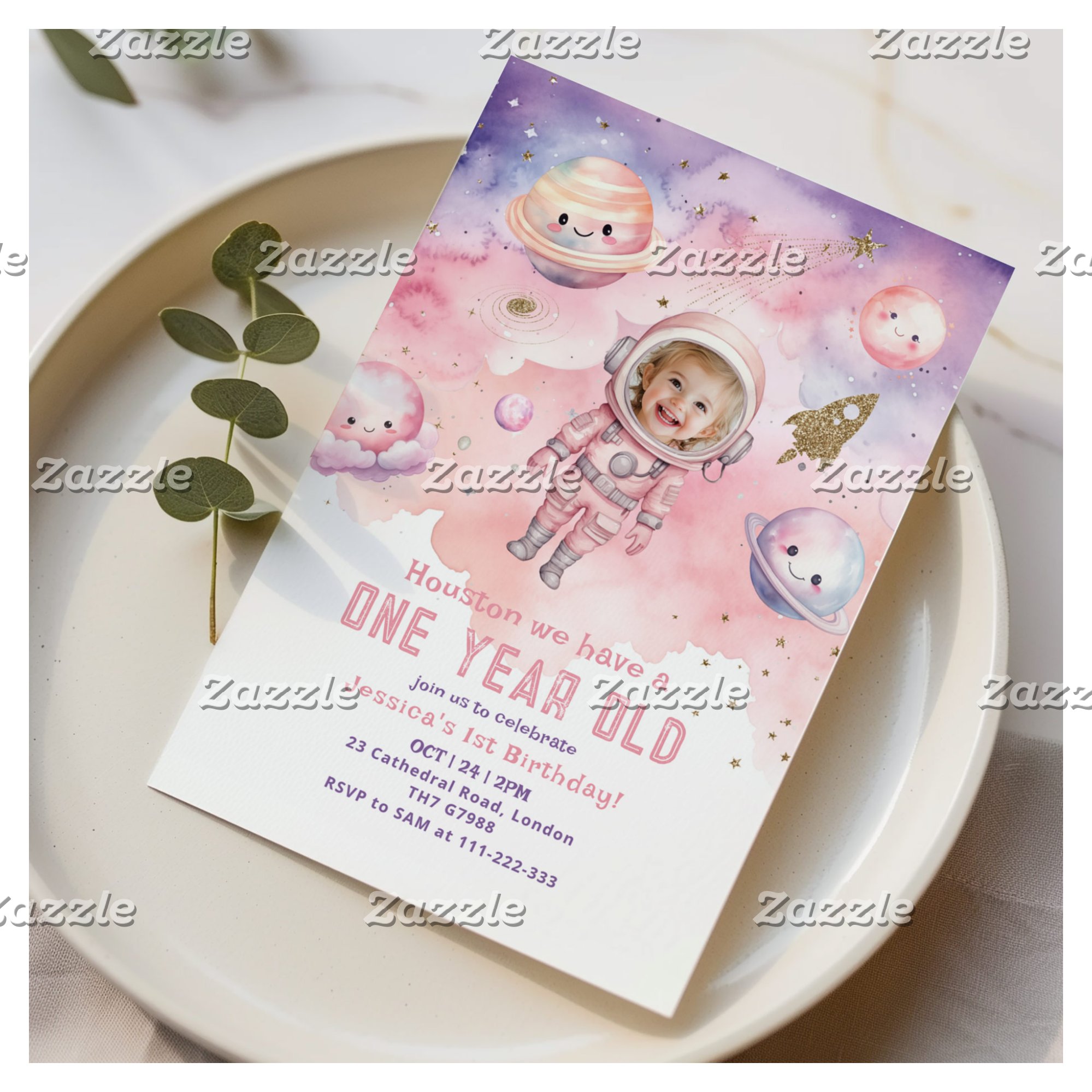Houston we have a One year old pink girl photo Invitation