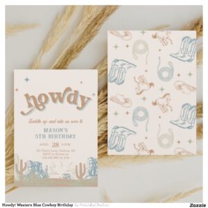 Howdy! Western Blue Cowboy Birthday Invitation