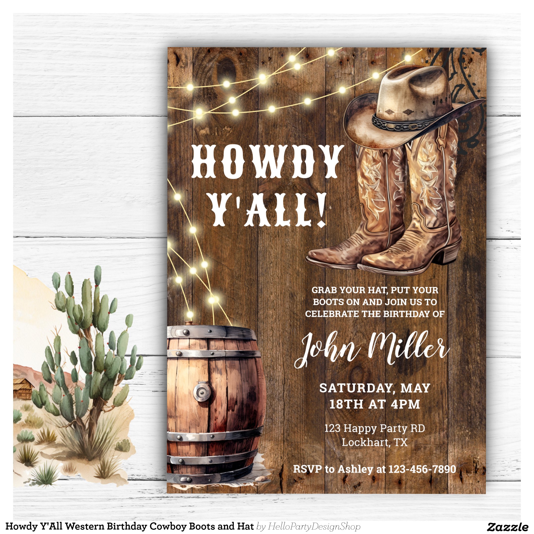 Howdy Y'All Western Birthday Cowboy Boots and Hat Invitation