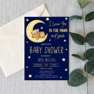 I Love You To The Moon Teddy Bear Baby Shower Invitation
