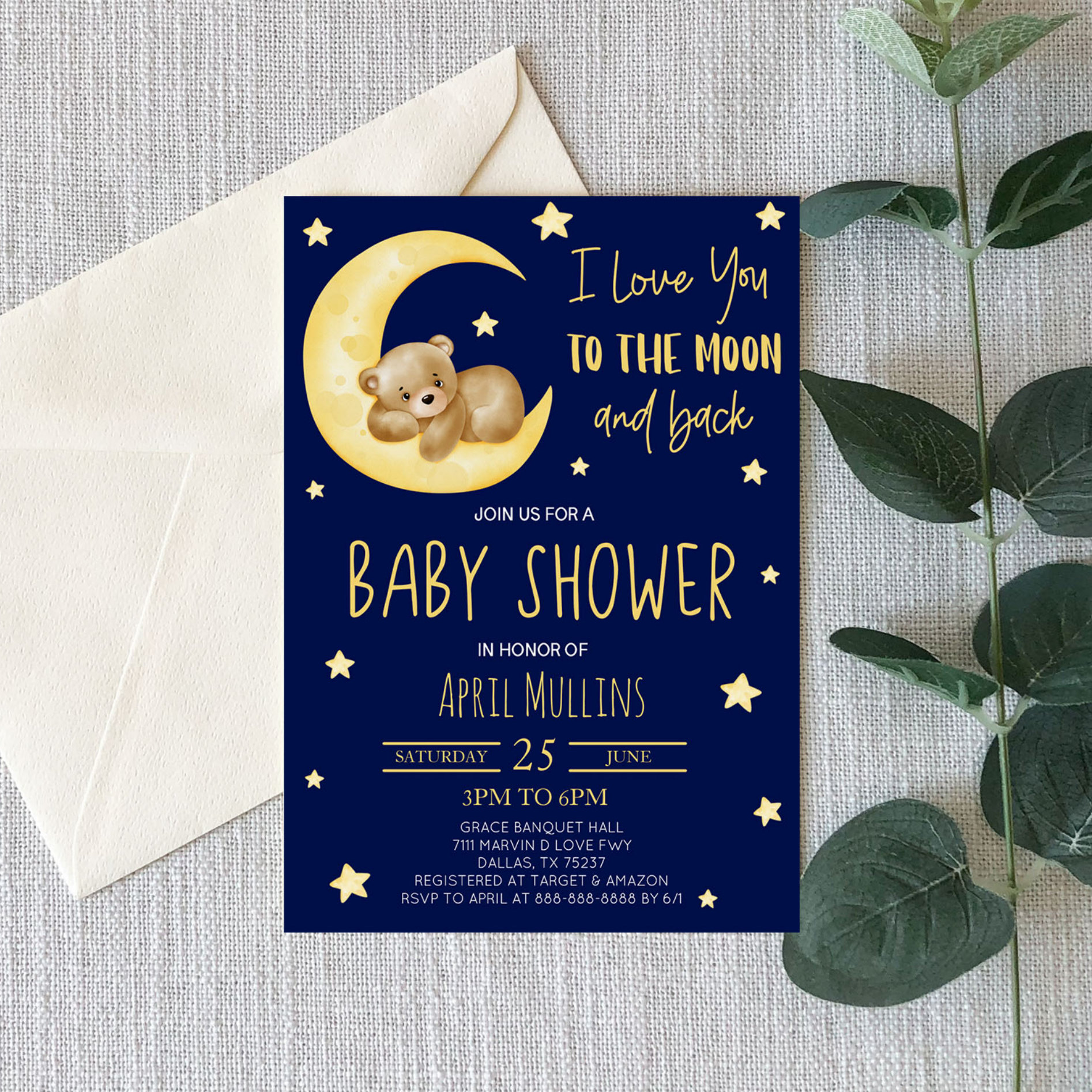 I Love You To The Moon Teddy Bear Baby Shower Invitation