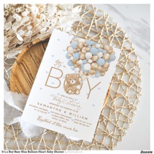 It's a Boy Bear Blue Balloon Heart Baby Shower Invitation